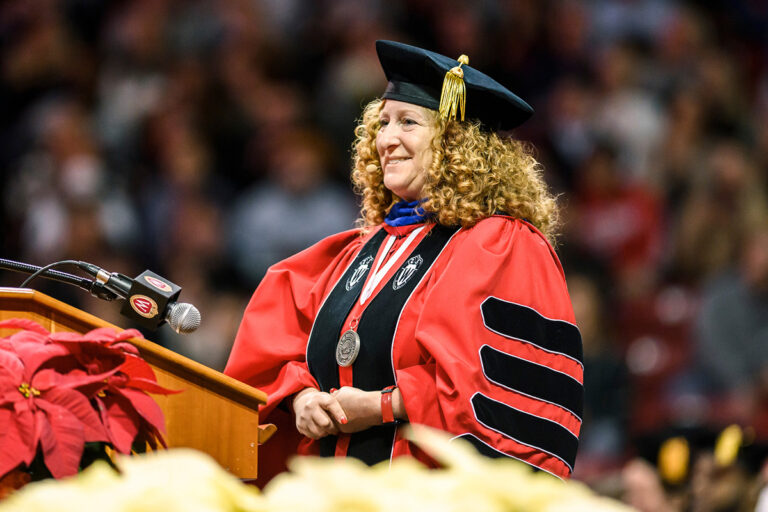 Photo of Chancellor Jennifer Mnookin in academic regalia at UW–Madison commencement.